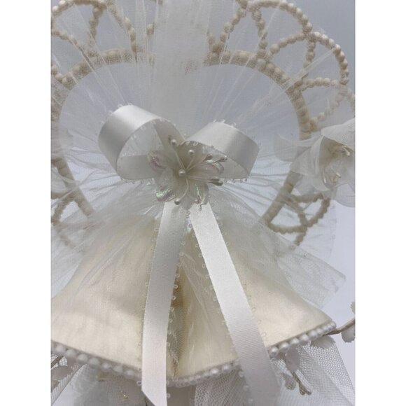 Vintage Ivory Lace Heart Shaped with Wedding Bells Tulle Flowers Cake Topper - Picture 3 of 13